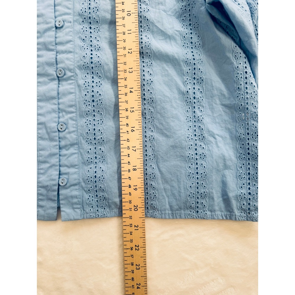 Elie Tahari SkyBlue Punching Eyelet Cotton Button Up Blouse Top Puff Sleeve Sz L - Picture 6 of 7